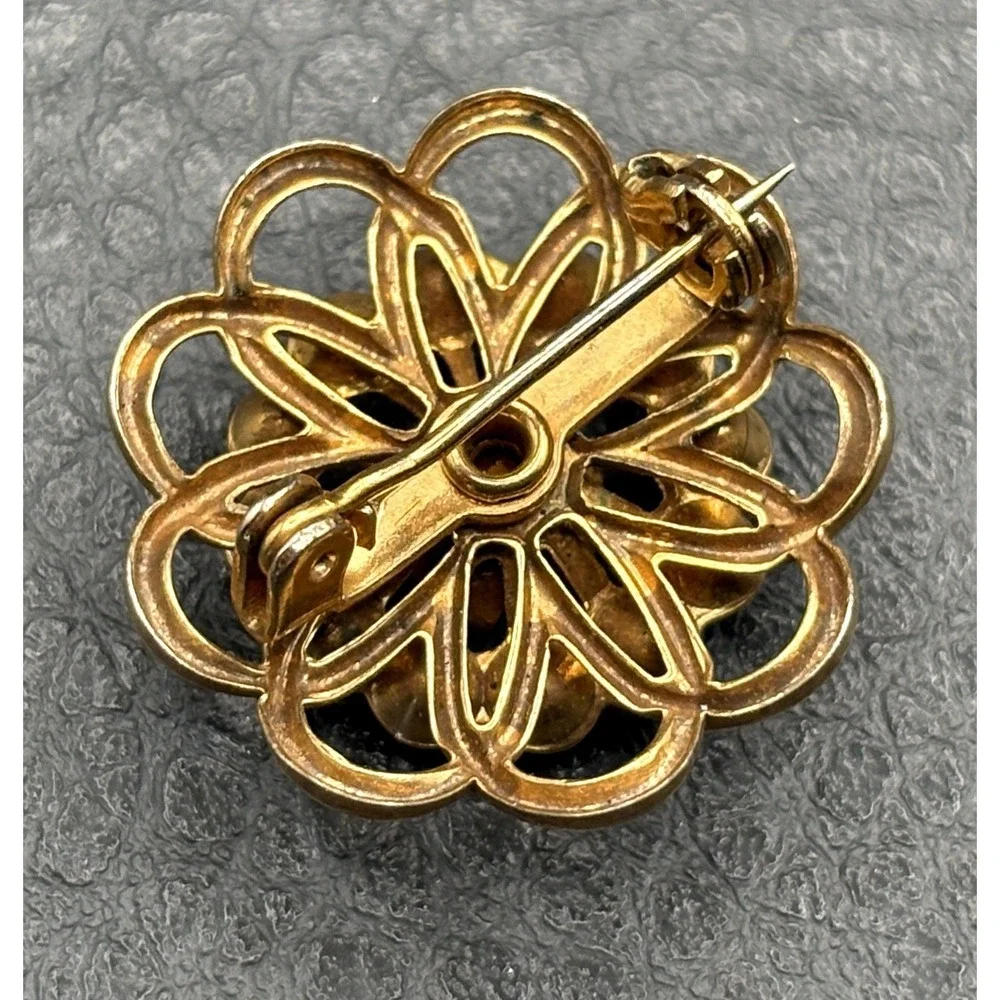 Vintage Filigree Flower Brooch Red Faux Ruby Rhinestone Gold Tone Clear Crystal